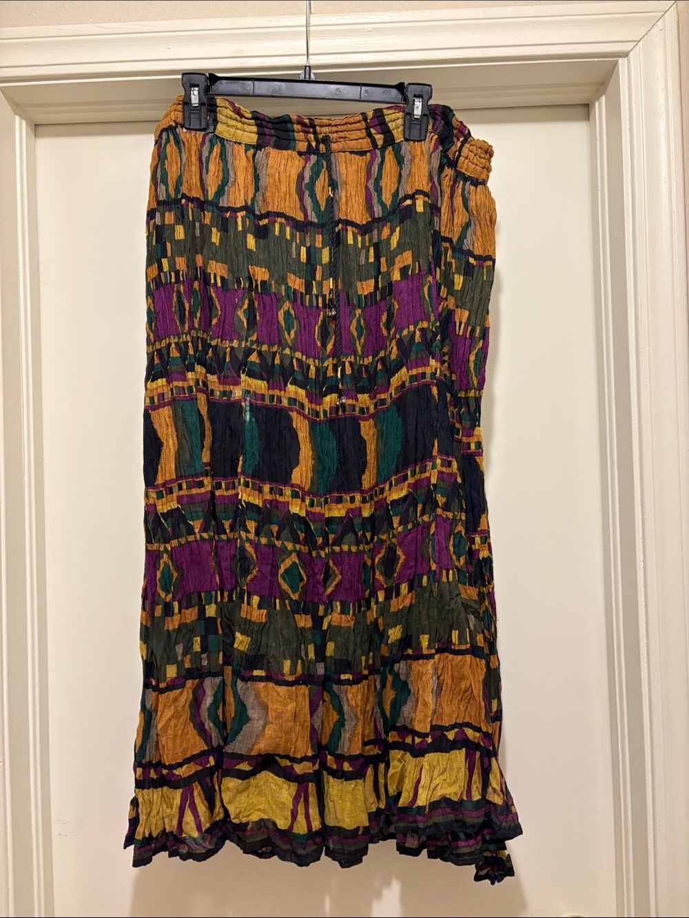 Boho Crinkle Maxi Skirt in Mustard, Purple & Green